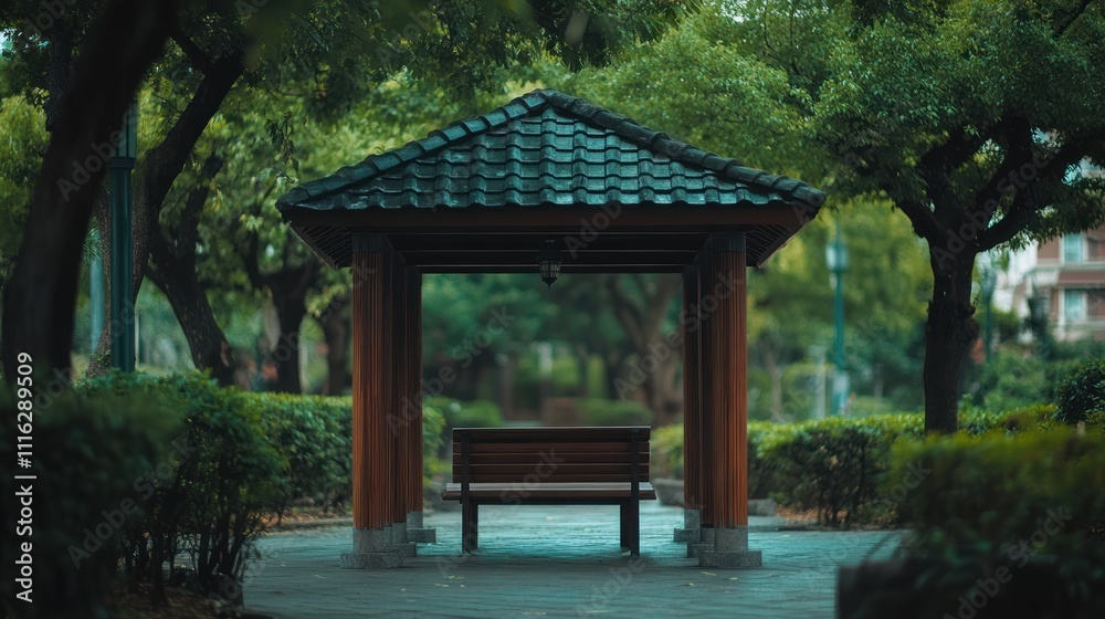 Serene Park Gazebo With Wooden Bench Under Lush Trees Serene Park Gazebo With Wooden Bench Under Lush Trees