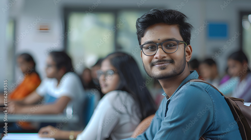 Obraz premium A successful young male Desi student in a university classroom with a group of other students copy space