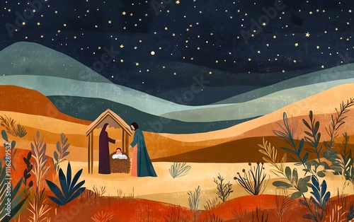 A beautiful artistic illustration capturing the Nativity scene featuring Mary with emotional richness and depth.