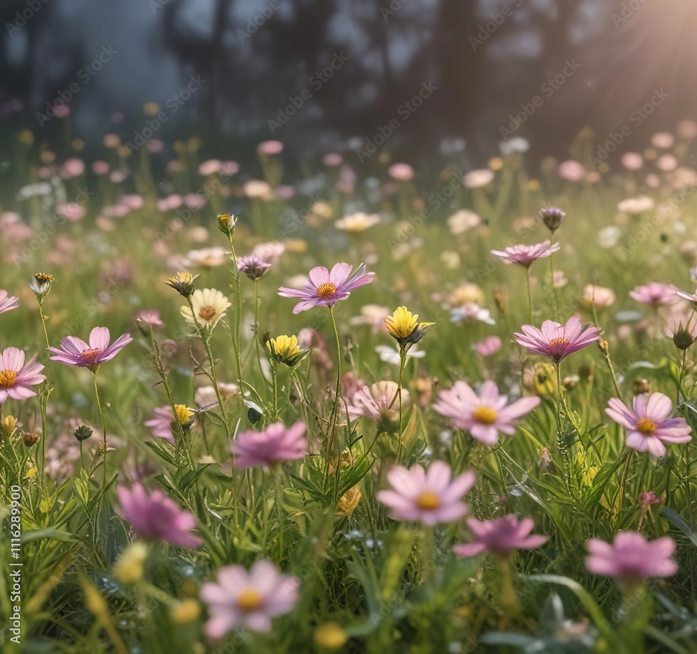 Fototapeta premium Soft pink and yellow wildflowers sway in the breeze, their delicate petals shimmering with dew in a serene meadow, nature's beauty, green meadow, dew-kissed petals