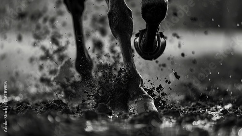 Close-up of a horse's hooves splashing through muddy terrain.