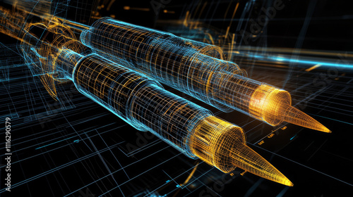A computer-aided design (CAD) model of rocket trajectories optimized for space missions, showing stages and thrust calculations