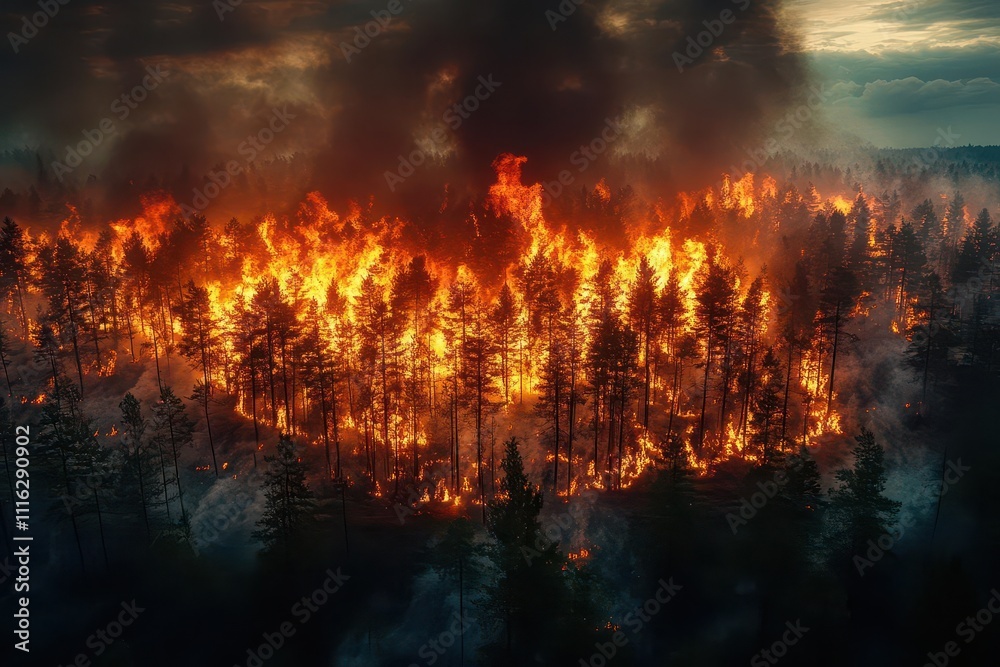 Fototapeta premium intense forest fire scene with flames consuming trees, contrasted with a backdrop of lush greenery, emphasizing the urgent need for environmental protection and awareness of natural disasters