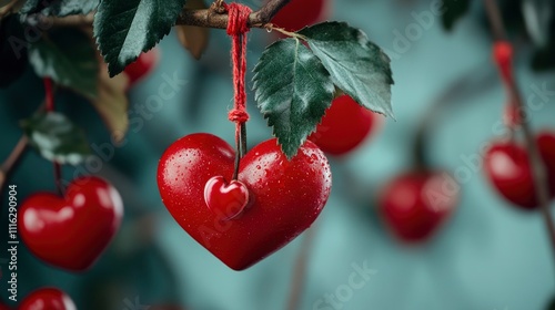 Red Heart Ornaments Hanging from a Branch