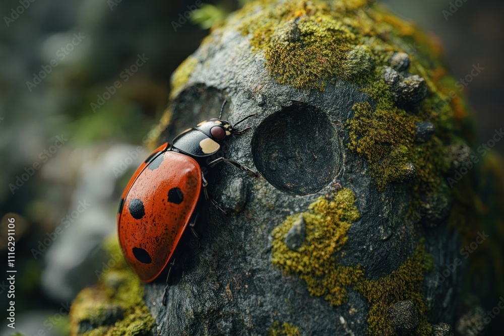 A red ladybug with black spots crawls on a mossy rock in the forest. A red ladybug with black spots crawls on a mossy rock in the forest.
