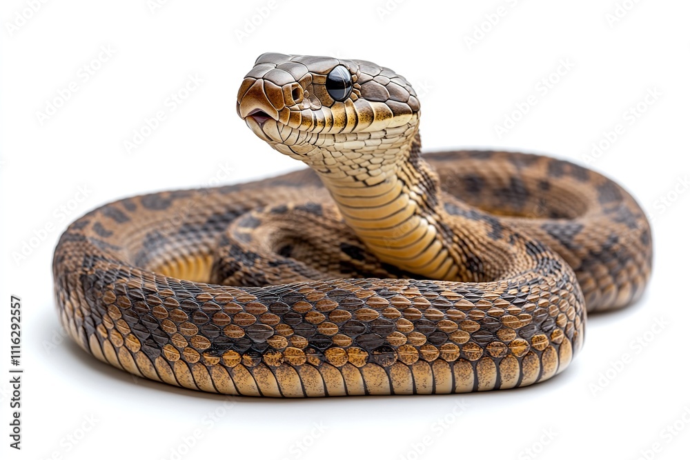 Fototapeta premium High-quality, isolated image of a majestic cobra snake in a defensive position on a white backdrop. Generative Ai