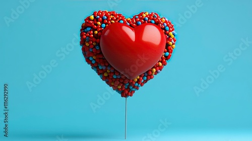 Red Heart Balloon with Colorful Confetti Border on Blue Background