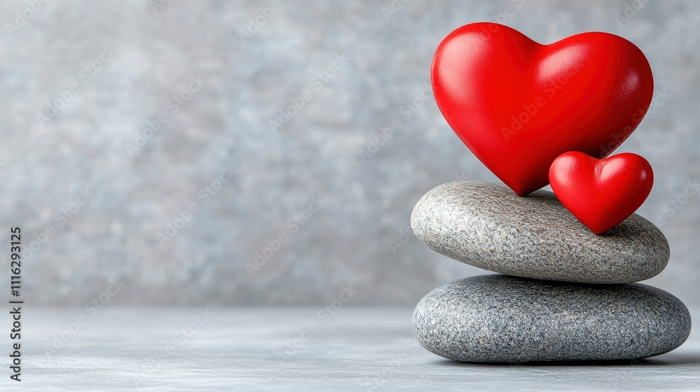 Fototapeta premium Balanced Love Red Hearts Resting on Stacked Grey Stones