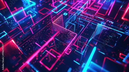 Abstract Digital Network of Glowing Lines and Cubes