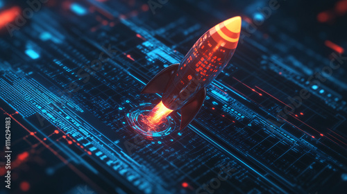 A glowing rocket icon launching from a platform of data, surrounded by real-time web analytics and digital marketing trends for startups.  photo