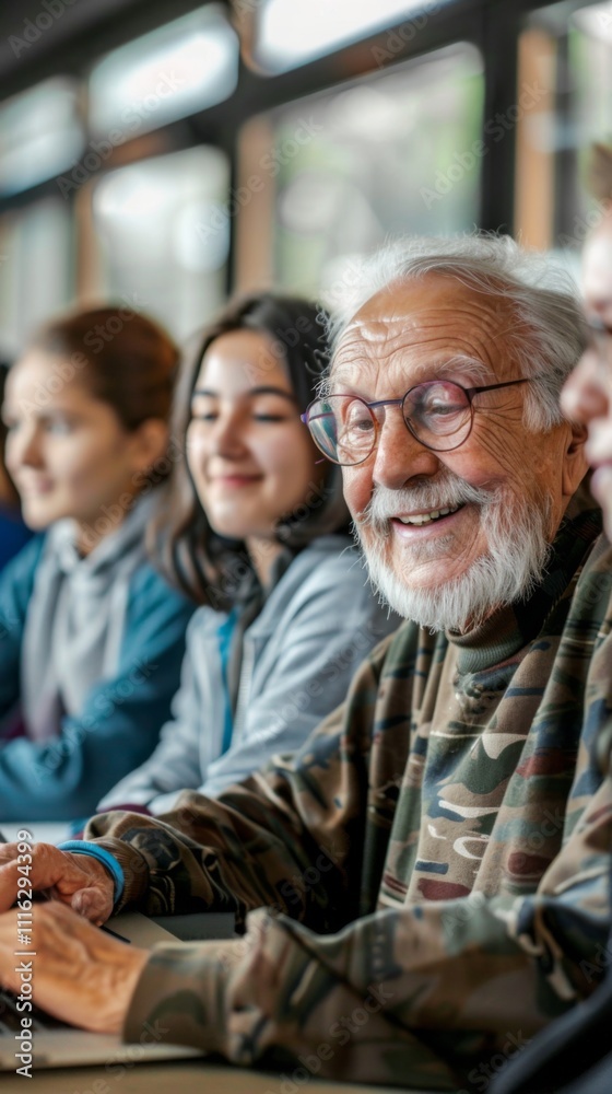 Fototapeta premium Generational Learning: A Senior Engages with Technology in a Diverse Setting