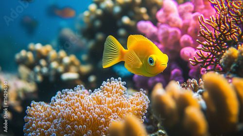 Yellow boxfish juvenile (ostracion cubicus) swimming near coral in Lembeh Strait, North Sulawesi, Indonesia  photo