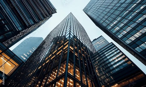 Wallpaper Mural Low-angle view of modern skyscrapers with illuminated windows at night in a cityscape setting Torontodigital.ca