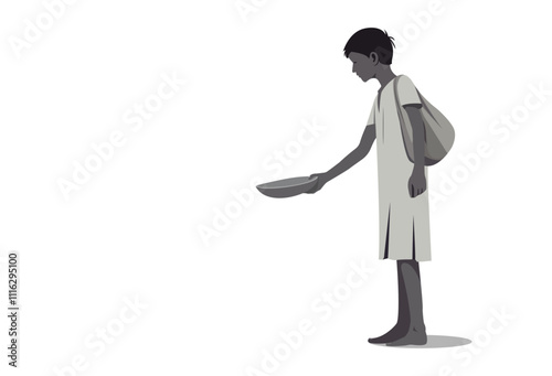 A minimalist black-and-white vector illustration of a ragged male beggar standing, holding a bowl, and pleading for help. The design reflects poverty, despair, and the struggle for survival.