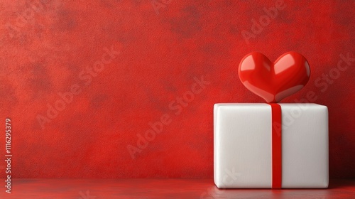 Red Heart on a White Gift Box Against a Red Background - Valentine's Day Concept