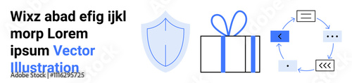 Shield icon with blue outline next to blue-ribboned gift box. Circular workflow infographic with arrows and speech bubble. Ideal for security, gift-giving, process flow, communication, collaboration
