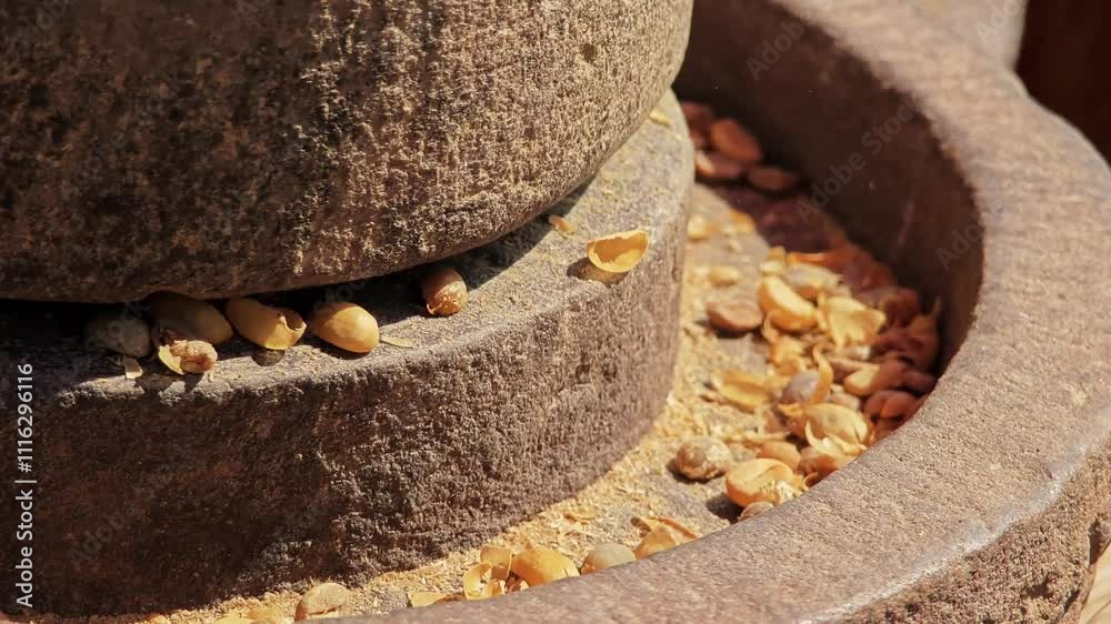 Stone grinding the yellow coffee bean to peel the silk shell. Silk Shellon.