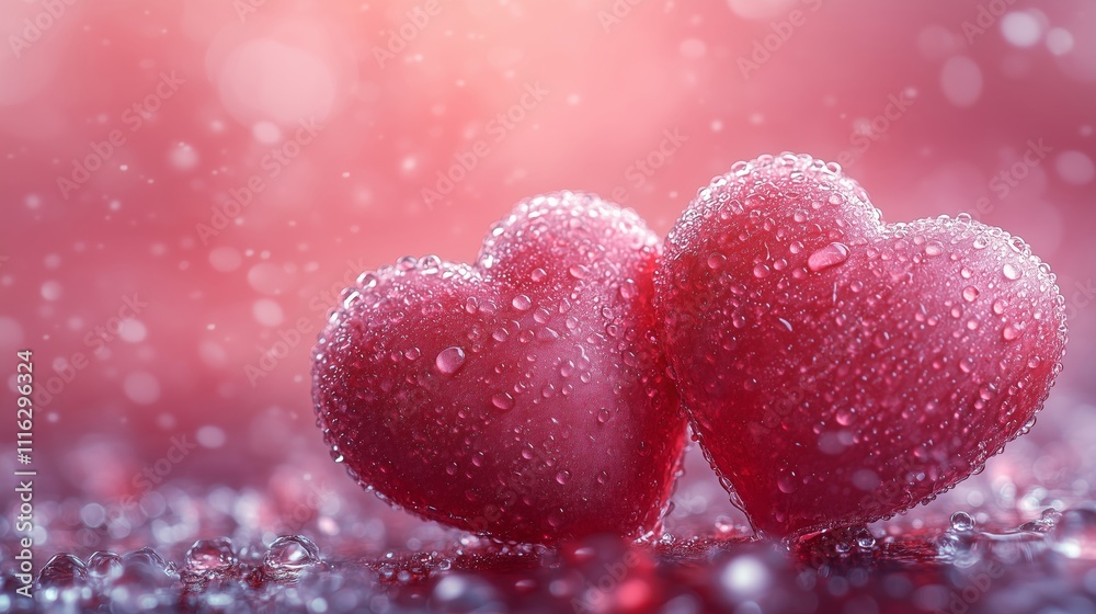 Obraz premium Romantic Hearts Glowing in Rainy Atmosphere with Sparkling Light