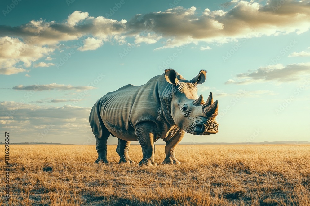 Obraz premium A white rhinoceros stands in a field of tall grass, looking directly at the camera. The sun is setting in the background, casting a warm glow over the scene.