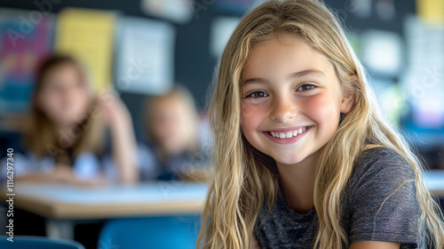 Portrait of smiling school girl showing happiness