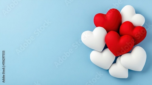 Red and White Hearts on Light Blue Background - Valentine's Day Concept
