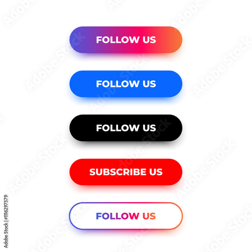 Follow us button for all social media. follow us with different social media color. follow buttons with 3d shadow vector design. subscribe us button vector design.