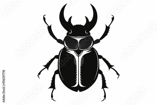 Vector black silhouette of a rhinoceros beetle,Rhinoceros bug silhouette vector object. Black bug isolated on a white. Stamp design element.