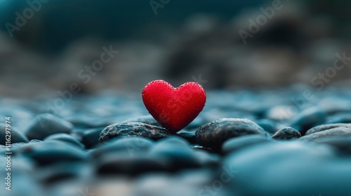 Small Red Heart on Dark Grey Stones - Symbol of Love and Hope photo