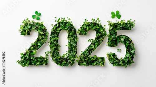 The numbers "2025" in green with a clover, set against a white backdrop, perfect for New Year celebrations focused on sustainability and ecology