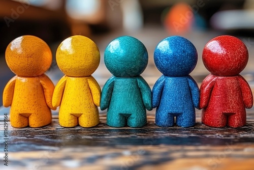 Colorful Wooden Figures in a Row on a Rustic Wooden Surface photo