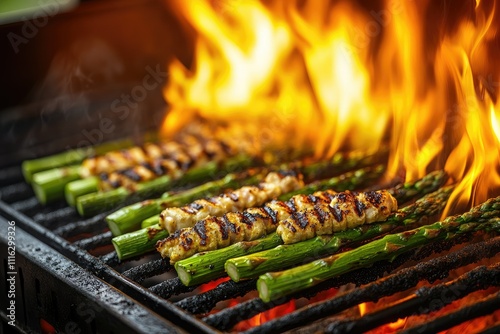Asparagus Being Grilled for a Summer Picnic, Isolated on White Background