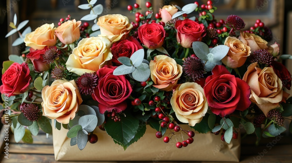Arrangement of multi-colored roses wrapped in brown paper Arrangement of multi-colored roses wrapped in brown paper