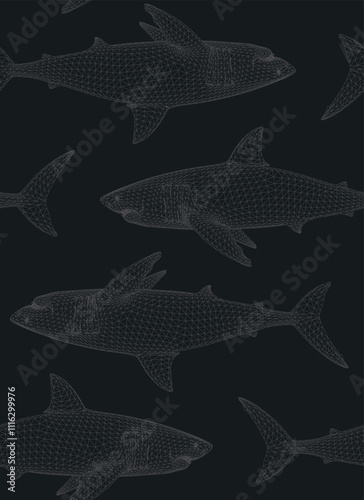Oceanic animals zentangle seamless pattern. High detailed tile texture with sharks for coloring book.Template for textile, wrapping or scrapbook paper print. Antistress colouring page for grown ups.