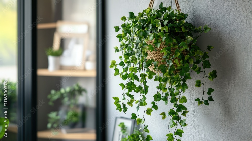 Fototapeta premium Artificial ivy cascading from a decorative wall-mounted pot in a stylish urban apartment