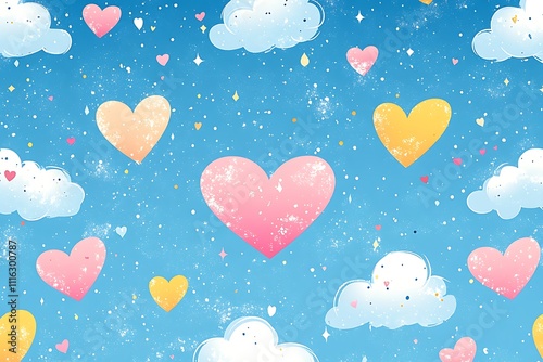 Hearts balloons with clouds and sky on Valentine's day background
