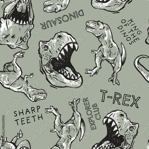 Seamless pattern of a hand-drawn dinosaurs with typography background elements