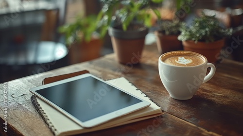 Cozy workspace with a coffee cup, notebook, and tablet in warm light photo