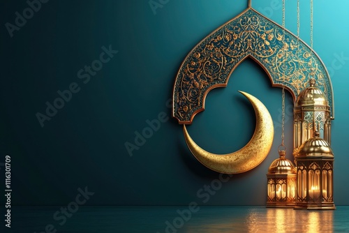 slamic decoration background with lantern and crescent moon luxury style, ramadan kareem, mawlid, iftar, isra miraj, eid al fitr adha, muharram, copy space text area, 3D illustration.  photo