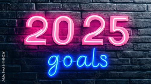 Neon Pink and Blue '2025 Goals' Sign on Dark Gray Brick Wall with Vibrant Glow and Realistic Texture