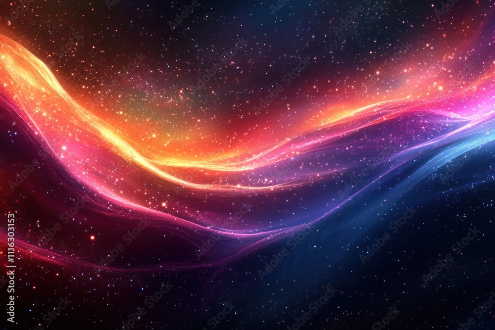 Obraz premium Abstract background with vibrant blue and red glowing waves and sparkling dust particles against a dark, starry night sky.