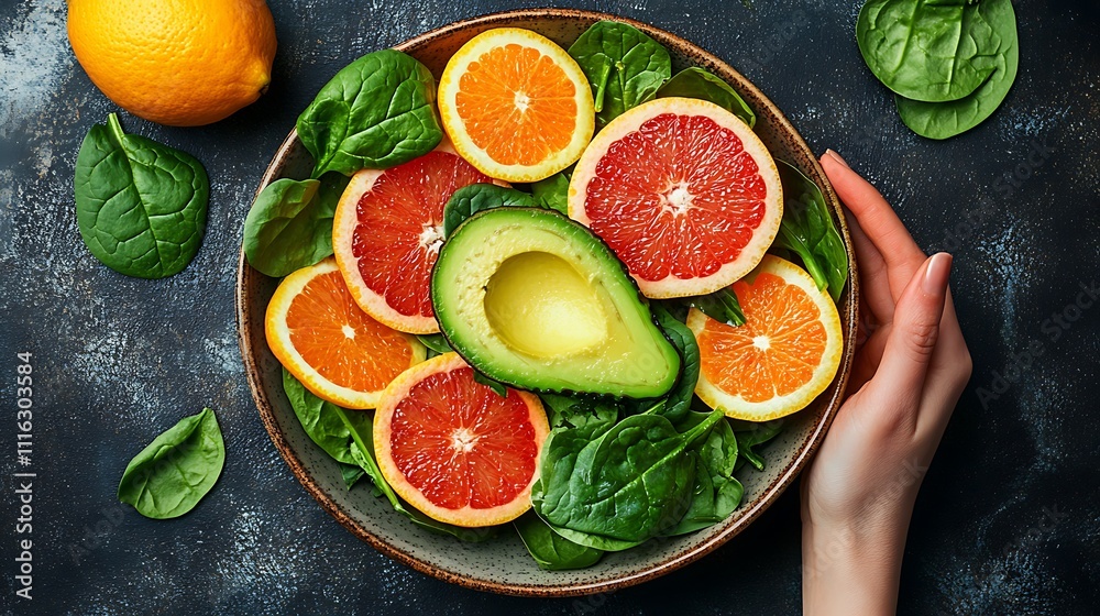 A person preparing a homemade salad with spinach, avocado, and citrus fruits, known for their immune-boosting effects A person preparing a homemade salad with spinach, avocado, and citrus fruits, known for their immune-boosting effects