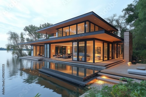 luxurious modern house situated by a serene lake, featuring sleek architecture and expansive glass windows, surrounded by tranquil nature, embodying elegance and relaxation