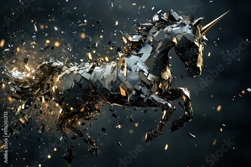 Shattered Black Unicorn In Mid Air Exploding photo