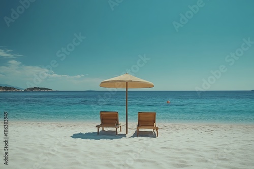 Summer Beach Chairs and Umbrella Idyllic Seascape