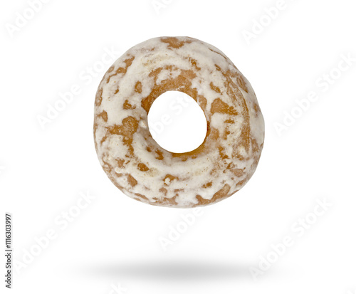 Tasty bagel with sugar fondant levitating and isolated on white background