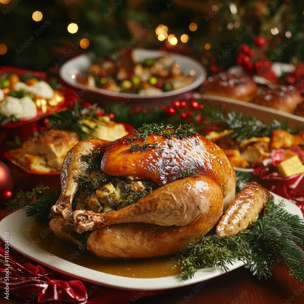 An elegant Christmas dinner scene featuring a perfectly roasted turkey, stuffed with fresh herbs, with luscious gravy poured over it An elegant Christmas dinner scene featuring a perfectly roasted turkey, stuffed with fresh herbs, with luscious gravy poured over it