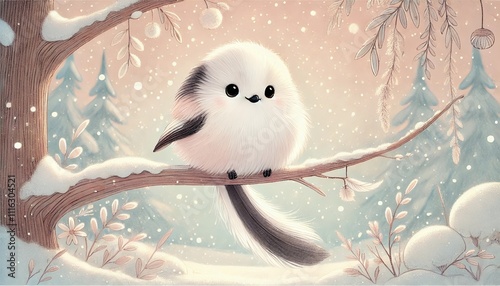 Fluffy Winter Scene of a Long-Tailed Tit Perched on a Snowy Branch with Soft Pastel Hues in Storybook Style photo