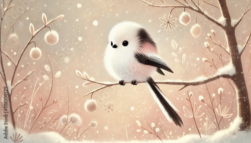 Gentle Winter Portrait of a Long-Tailed Tit Perched on Snowy Branches in Soft Pastel Storybook Style photo