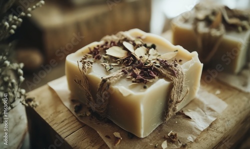 Handmade soap with dried herbs and rustic twine on a wooden surface photo