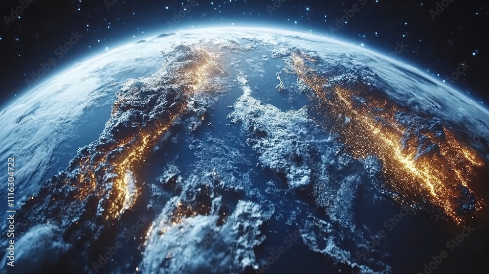 Naklejka premium Stunning Earth at Night City Lights Clouds and Terrain